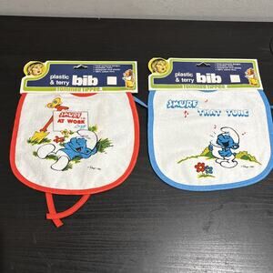 Vintage Plastic & Terry Bib Baby New Old Stock Tommee Tippee Smurf Lot Of 2 Smal